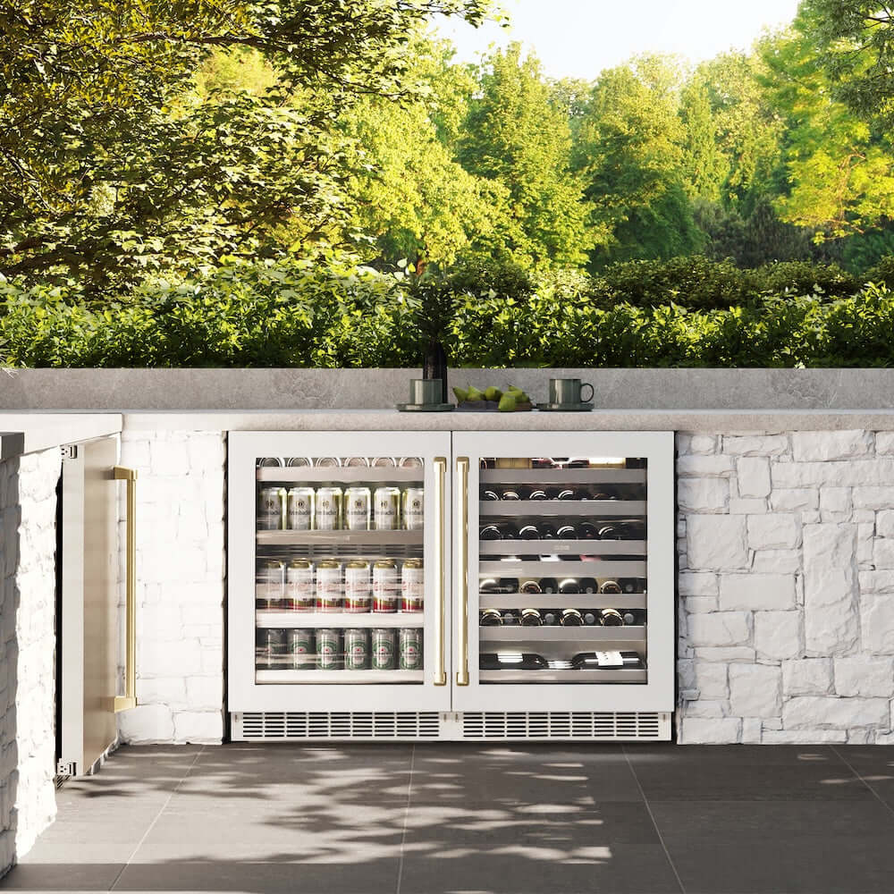 ZLINE 24" Touchstone Dual Zone 44 Bottle Wine Cooler White Matte Glass Door Polished Gold Handle RWDOZ-WM-24-G