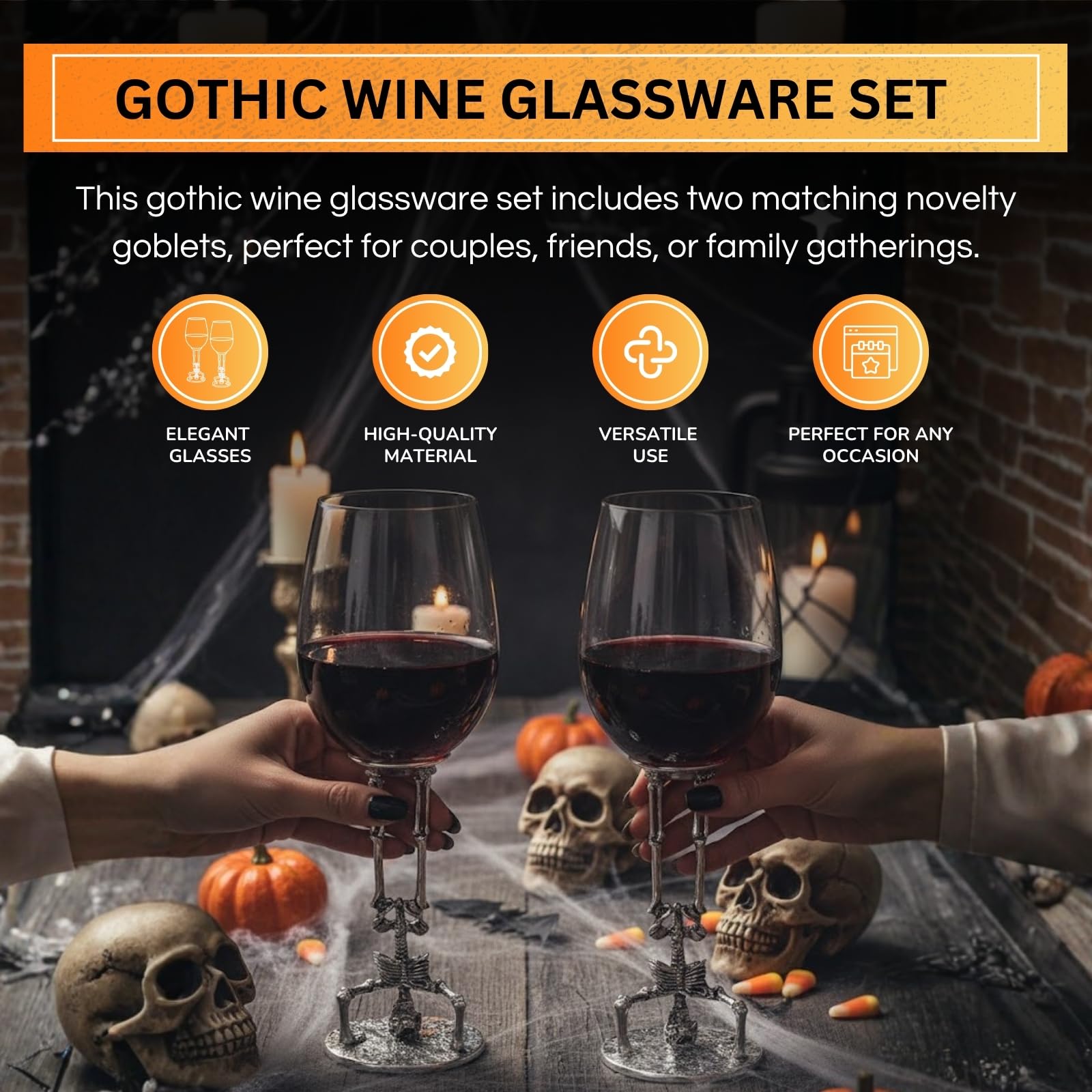 Skeleton Wine Glasses Set of 2 13oz – Gothic Skeletons Stem Goblets for Halloween Party