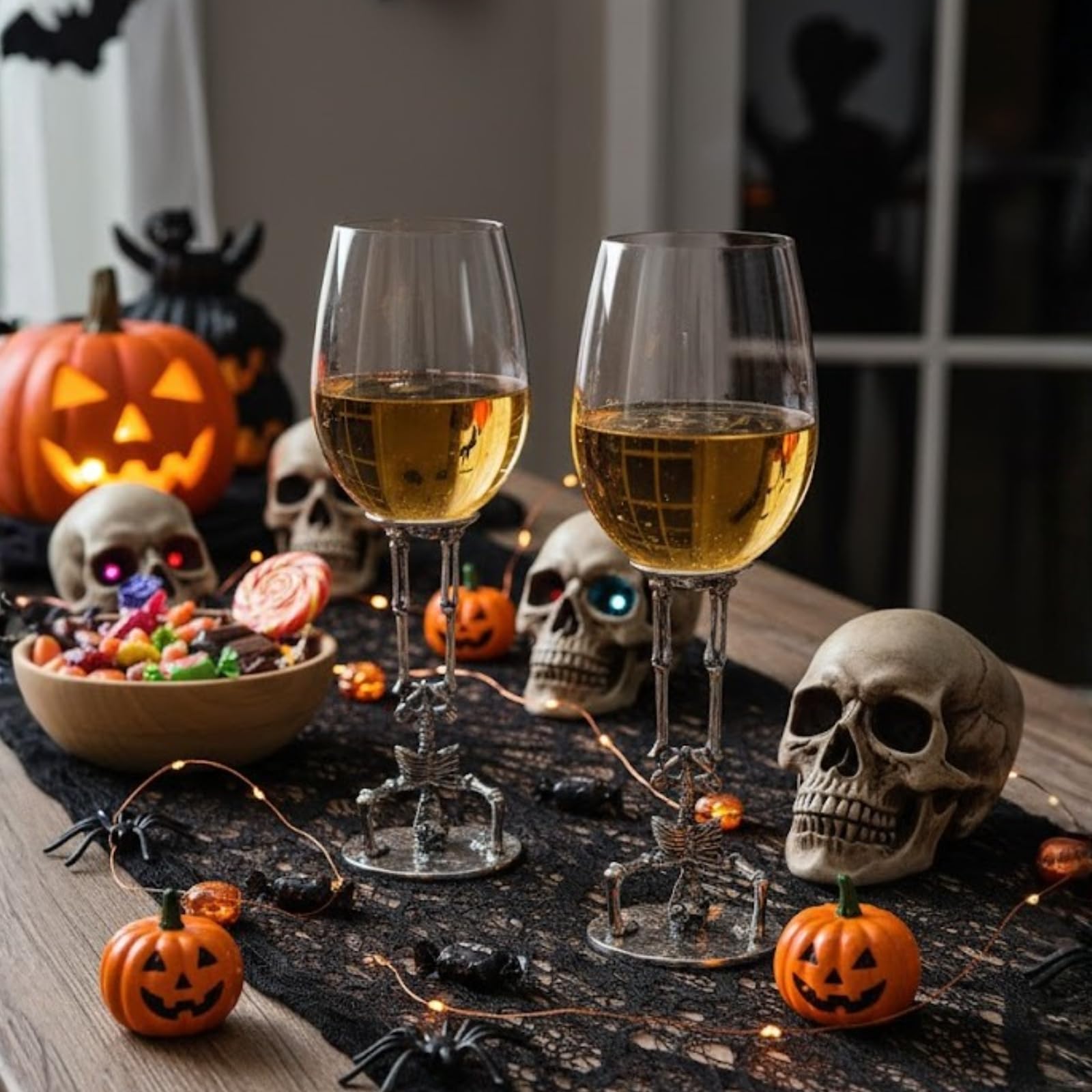 Skeleton Wine Glasses Set of 2 13oz – Gothic Skeletons Stem Goblets for Halloween Party
