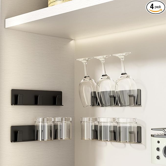 Cup Holder, 4 Pack Wine Glass Holder,No Drilling Installation Wine Glass Holder Wall Mounted for Dining Room, Kitchen and Bar Daily Use (Classic Black)