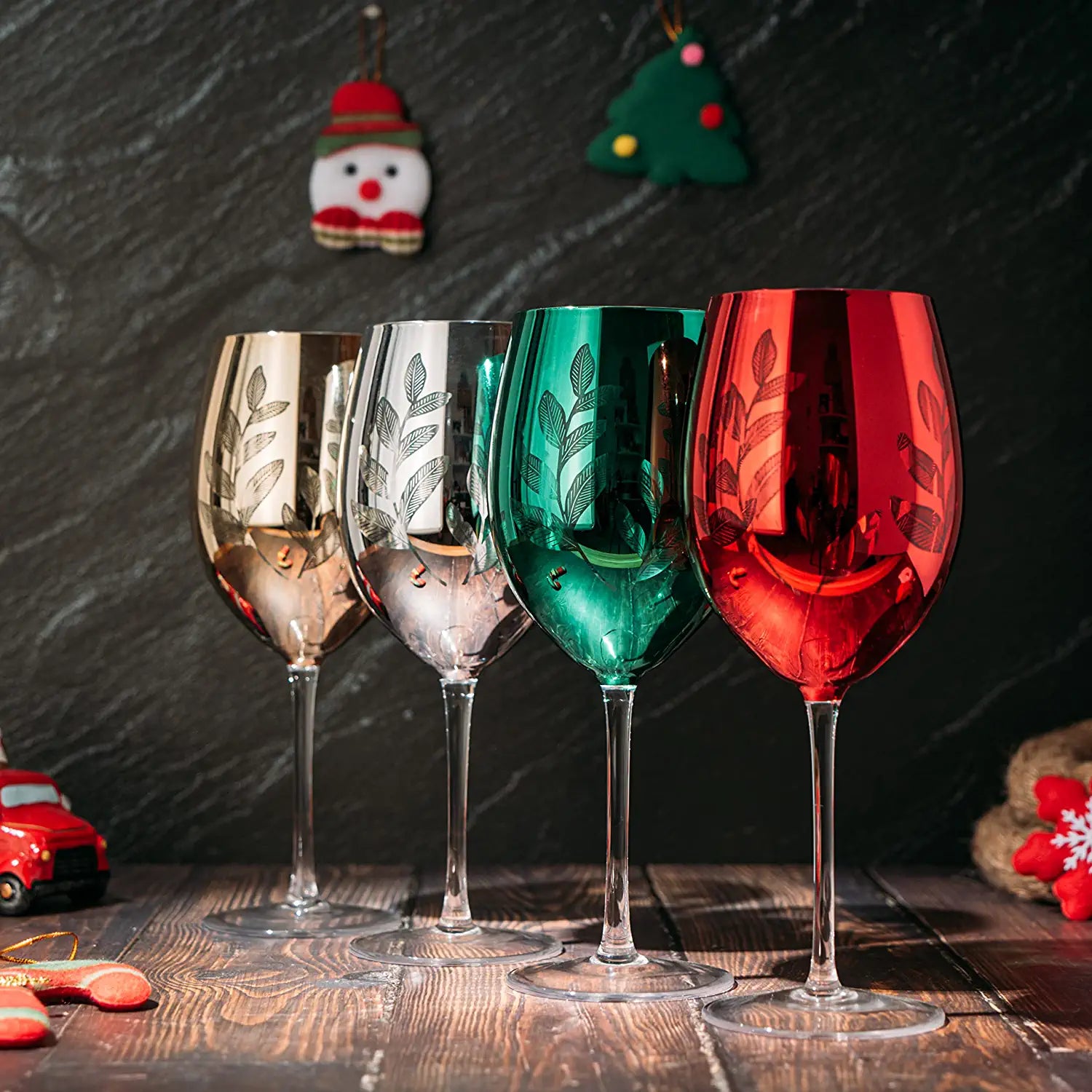 Etched Multicolor Christmas Stemmed Wine Glasses Set Of 4 Red Green Yellow Silver Perfect For Wine C