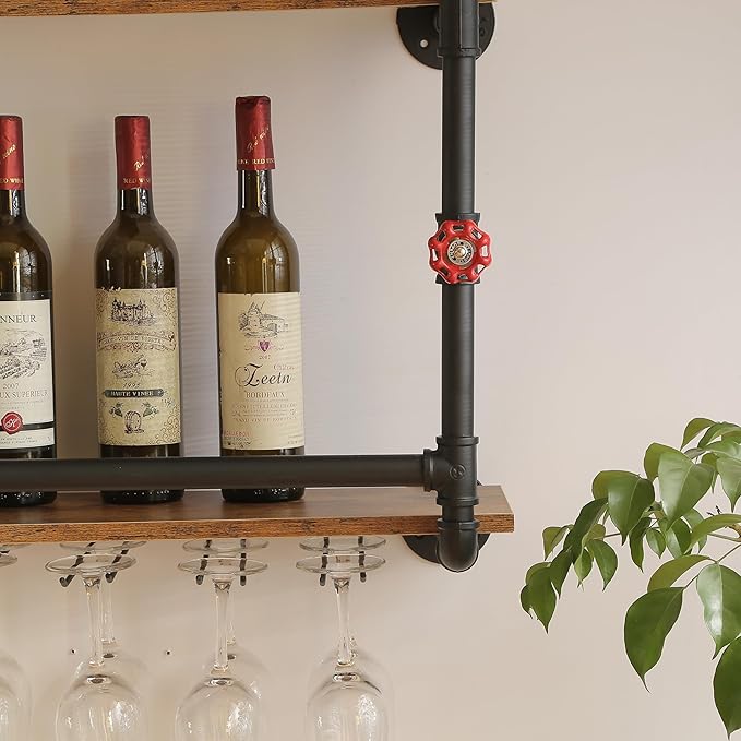 41 Inch Wine Rack Wall Mounted 2 Tier, Hanging Floating Bar Liquor Shelves with Glass Holder Storage Under, Industrial Rustic Pipe Farmhouse Kitchen Decor Black