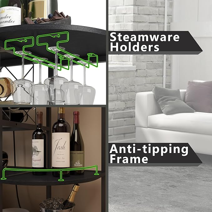 Wine Cabinet Coffee Table with Power Socket and LED Light, Three Tiers Coffee Bar Table Wine Rack Liqour Bar with Large Storage for Home Kitchen (Black)