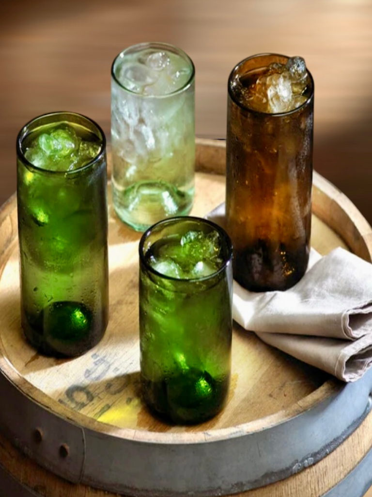 A set of 4 drinking glasses of two green, one clear, and one brown.