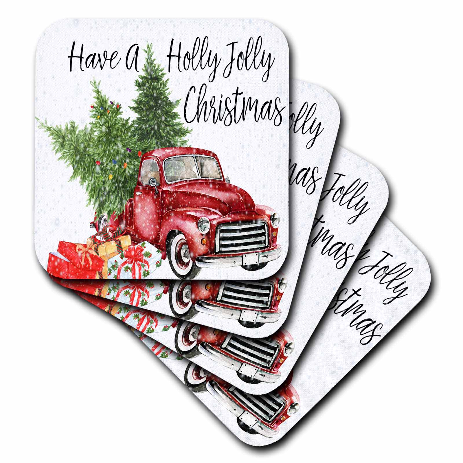 3dRose Anne Marie Baugh - Christmas - Have A Holly Jolly Christmas Red Truck with Christmas Trees - Coasters (CST_263636)