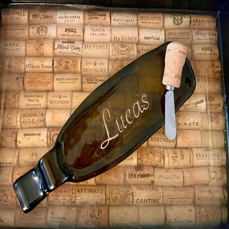 Wine bottle charcuterie with etched name Lucas