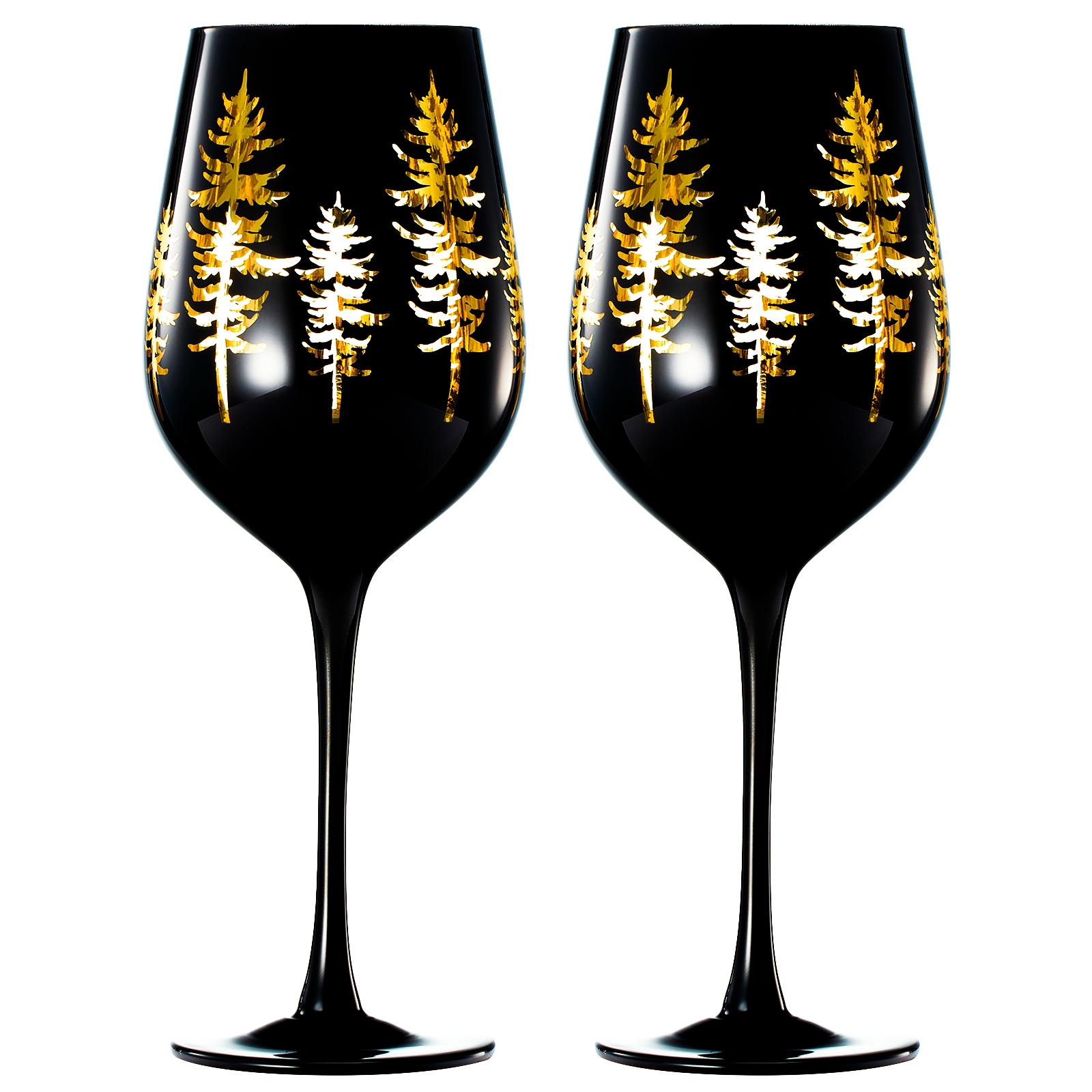 Crystal Winter Trees Black Gold Stemmed Wine Glasses Set Of 2 Glass Colored Vibrant Black Gold Etche