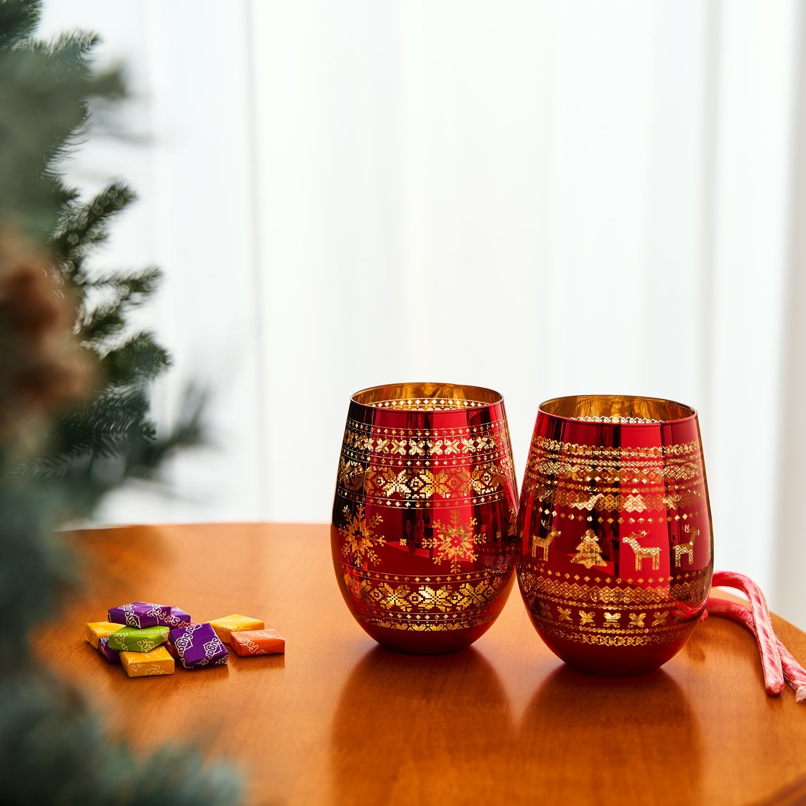 Crystal Christmas Tree Wine Water Glasses Set Of 2 Holiday Themed Red Gold Etched Winter Snow Wonder