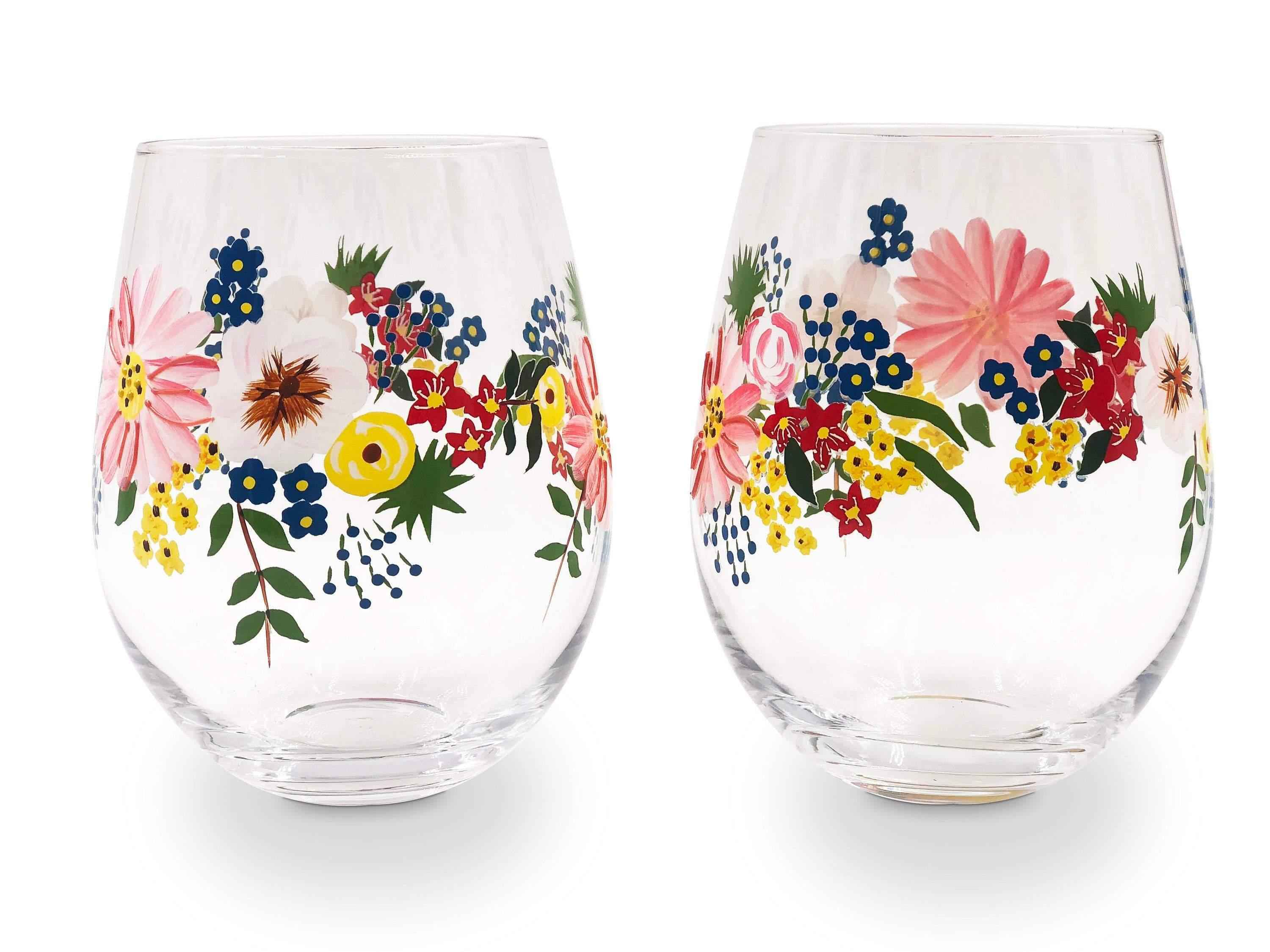 Painted Floral Stemless Wine Glasses