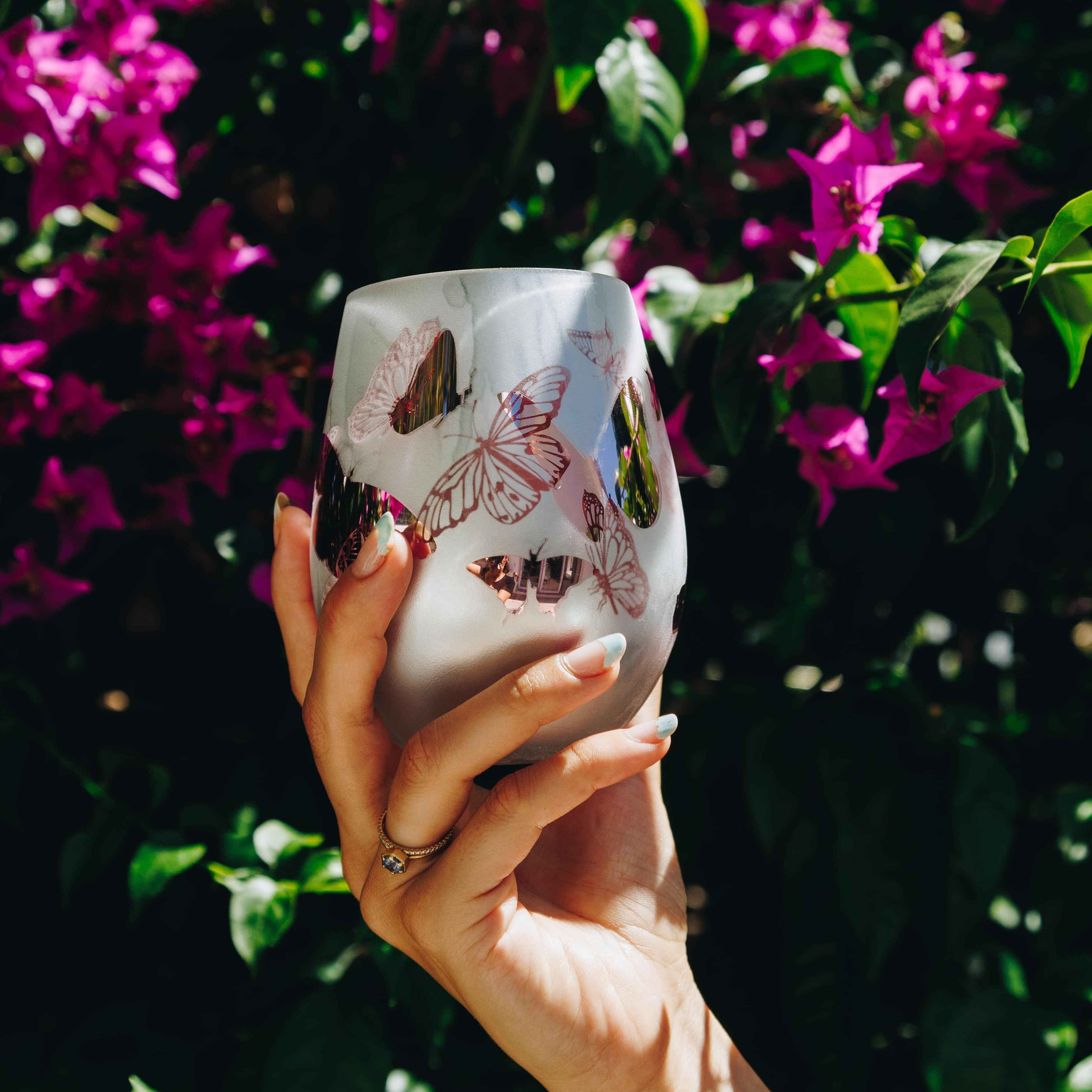 Pink Butterfly Stemless Wine Glasses