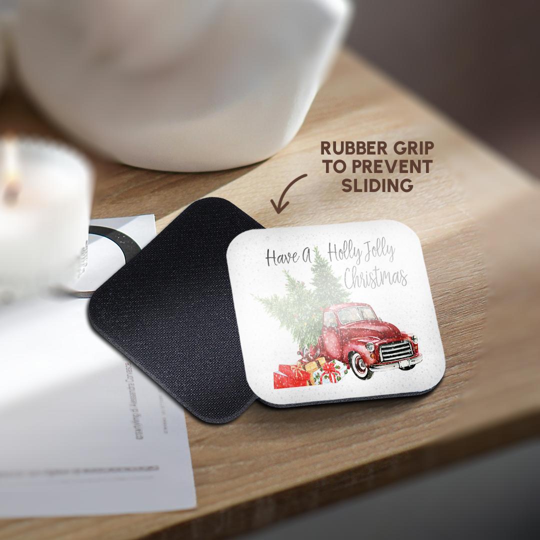 3dRose Anne Marie Baugh - Christmas - Have A Holly Jolly Christmas Red Truck with Christmas Trees - Coasters (CST_263636)