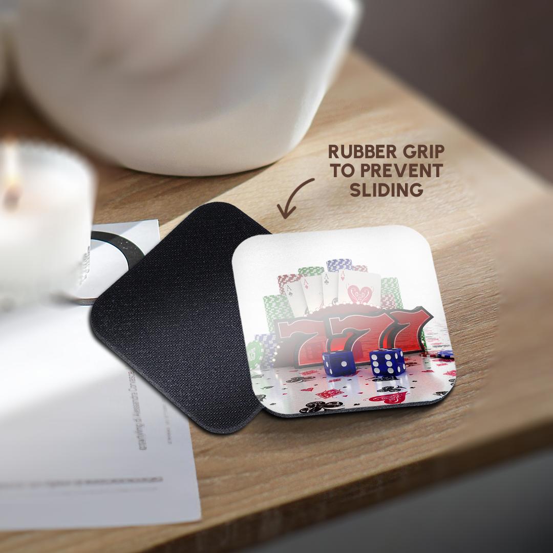 3dRose Carsten Reisinger Illustrations - Casino concept with poker cards chips dice and slot style sevens - Coasters (cst_155012)