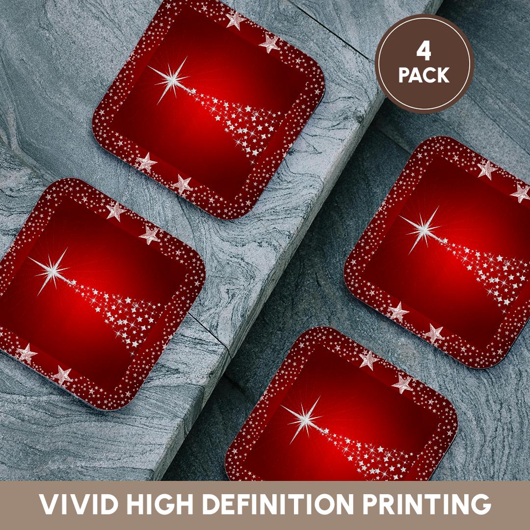 3dRose Doreen Erhardt Christmas Collection - Silver Star Christmas Tree with Holiday Red Background - Coasters (cst_164753)