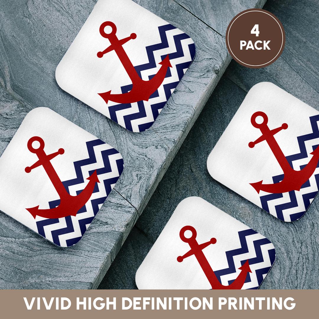 3dRose Janna Salak Designs Nautical - Red Nautical Boat Anchor on Chevron Pattern - Coasters (cst_165791)