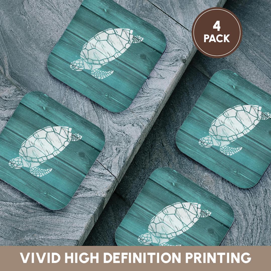 3dRose Russ Billington Nautical Designs - Turtle Stencil in White over Teal Weatherboard- not real wood - Coasters (cst_220428)