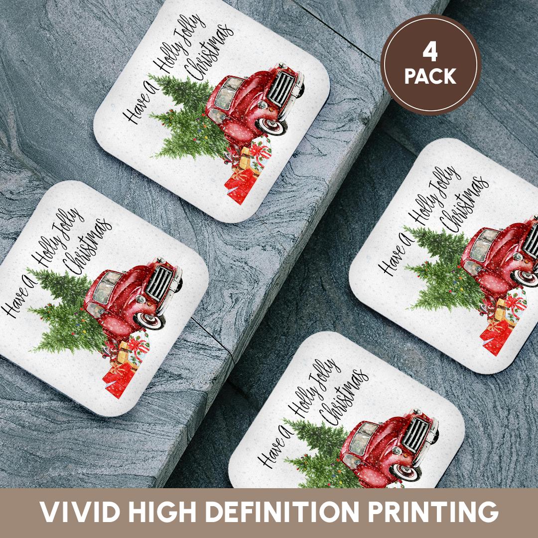 3dRose Anne Marie Baugh - Christmas - Have A Holly Jolly Christmas Red Truck with Christmas Trees - Coasters (CST_263636)