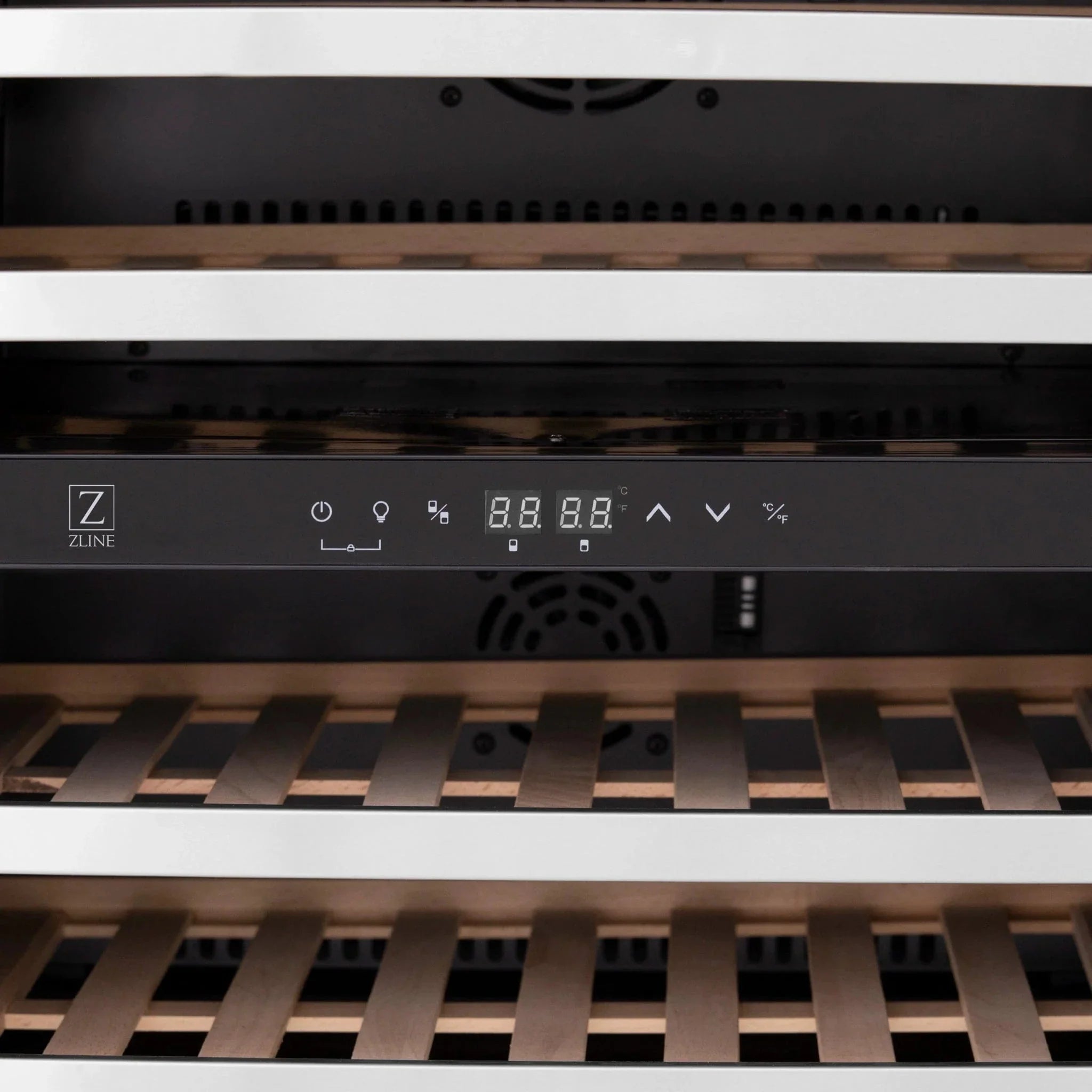 ZLINE 24" Autograph Edition Dual Zone 44-Bottle Wine Cooler in Stainless Steel with Wood Shelf and Gold Accents RWVZ-UD-24-G