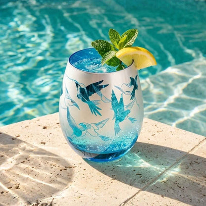 Blue Hummingbird Stemless Wine Glasses
