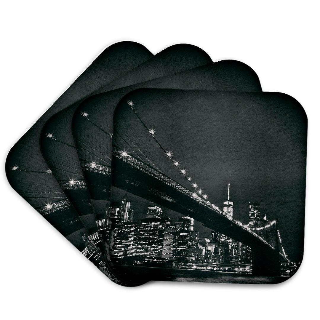 3dRose Kike Calvo Travel - New York scene of the Brooklyn Bridge and Manhattan Skyline at night - Coasters (cst_219800)