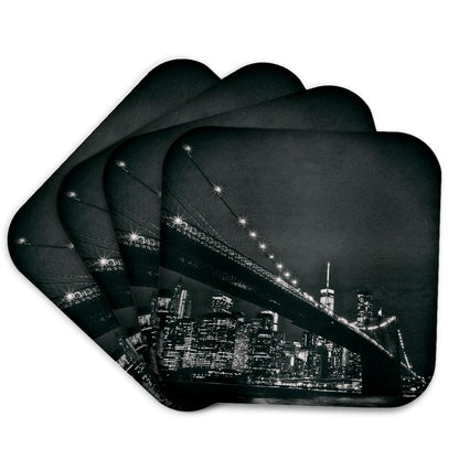 3dRose Kike Calvo Travel - New York scene of the Brooklyn Bridge and Manhattan Skyline at night - Coasters (cst_219800)