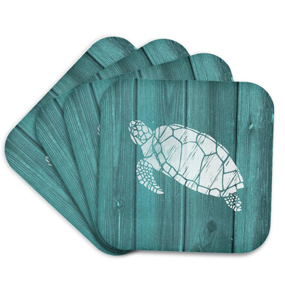 3dRose Russ Billington Nautical Designs - Turtle Stencil in White over Teal Weatherboard- not real wood - Coasters (cst_220428)