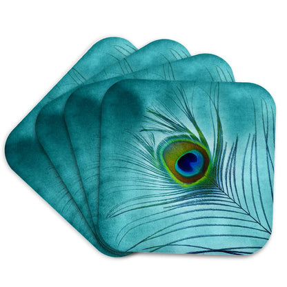 3dRose Doreen Erhardt Birds - Peacock Feather on Turquoise Background - Coasters (cst_211236)