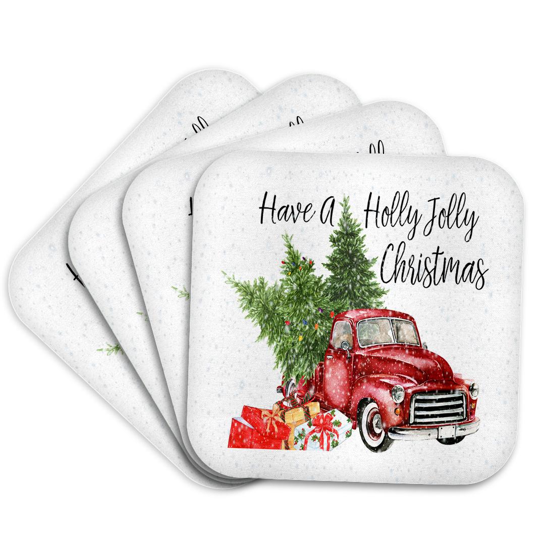 3dRose Anne Marie Baugh - Christmas - Have A Holly Jolly Christmas Red Truck with Christmas Trees - Coasters (CST_263636)