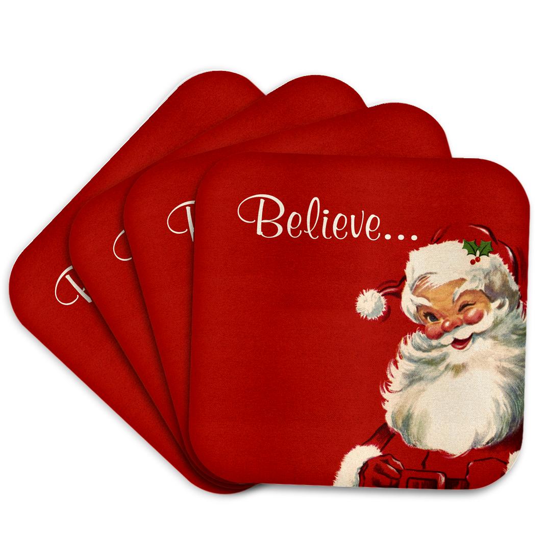 3dRose Russ Billington Christmas Designs - Believe-Jolly Vintage Santa Illustration on Red Background - Coasters (cst_219375)