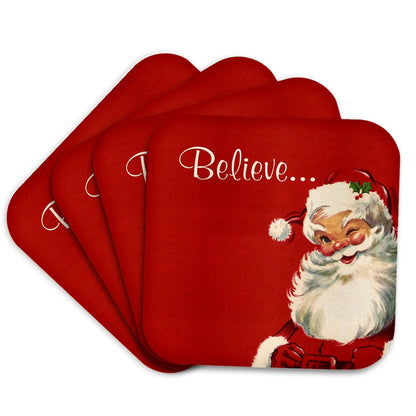3dRose Russ Billington Christmas Designs - Believe-Jolly Vintage Santa Illustration on Red Background - Coasters (cst_219375)