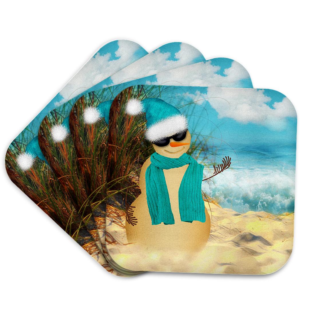 3dRose Doreen Erhardt Christmas Collection - Sandy beach Sandman with ocean view fun spoof on a snowman. - Coasters (cst_173007)