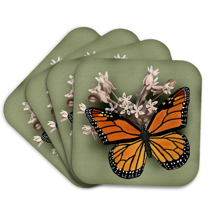 3dRose 777images Digital Art - Butterflies - Monarch Butterfly and Pink Milkweed - Coasters (cst_212839)