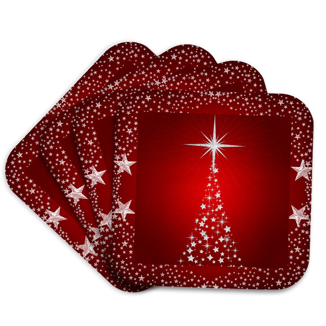3dRose Doreen Erhardt Christmas Collection - Silver Star Christmas Tree with Holiday Red Background - Coasters (cst_164753)
