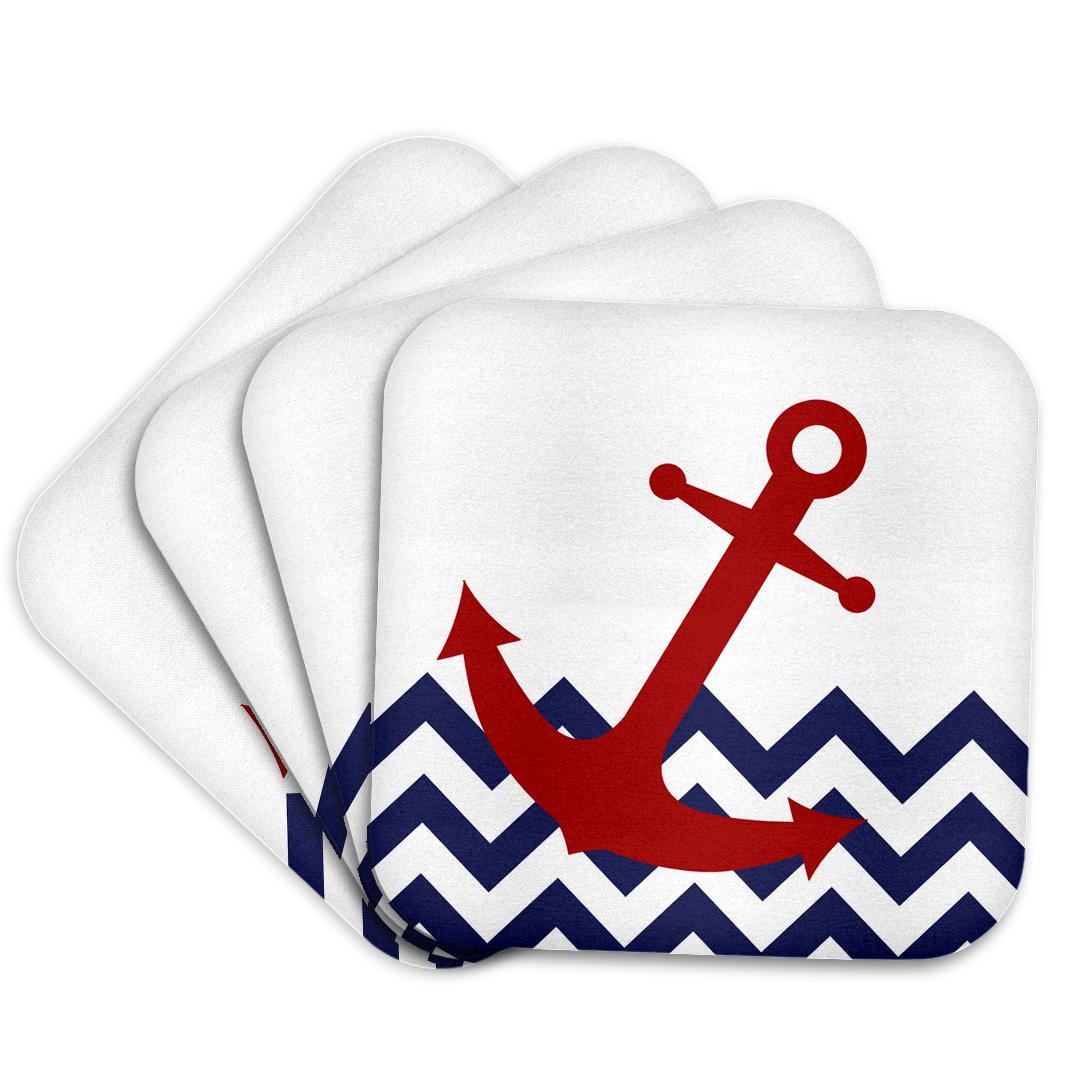 3dRose Janna Salak Designs Nautical - Red Nautical Boat Anchor on Chevron Pattern - Coasters (cst_165791)