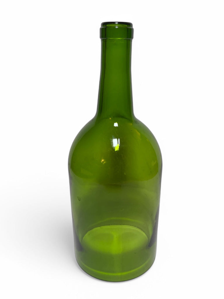 A green, transparent, bottomless recycled wine bottle with a 1.5L capacity, standing upright against a white background.