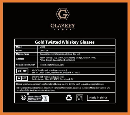 Crystal Whiskey Glasses Set of 2 with 24K Gold Rim,Bar Glasses,Twisted Whiskey Glass Gold Collection for Bourbon,Scotch and Wine,Rock Barware for Men Gift - 8oz