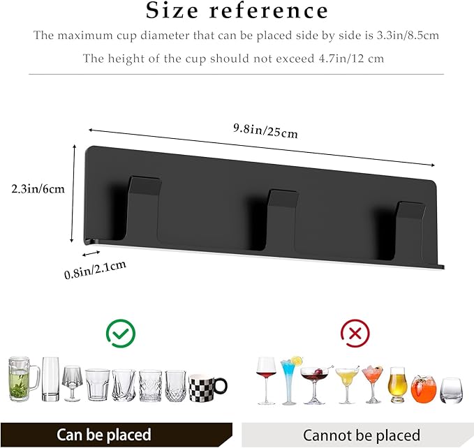 Cup Holder, 2 Pack Wine Glass Holder，No Drilling Installation Wine Glass Holder Wall Mounted for Dining Room, Kitchen and Bar Daily Use (Classic Black)