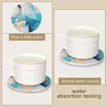 6 Pcs Light Blue Marble Abstract Ceramic Coasters with Holder Best Round Drink Absorbent Coasters for Desk, Lounge, Coffee, Wine, Beverage, Dining Table Decor, Bar Coaster Set