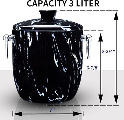 Ice Bucket with Lid, Scoop, Tongs and Strainer - Well Made Insulated Stainless Steel Keep Ice Frozen Longer - Ideal for Cocktail Bar, Parties, Chilling Wine, Champagne - 3 Liter (Black Marble)