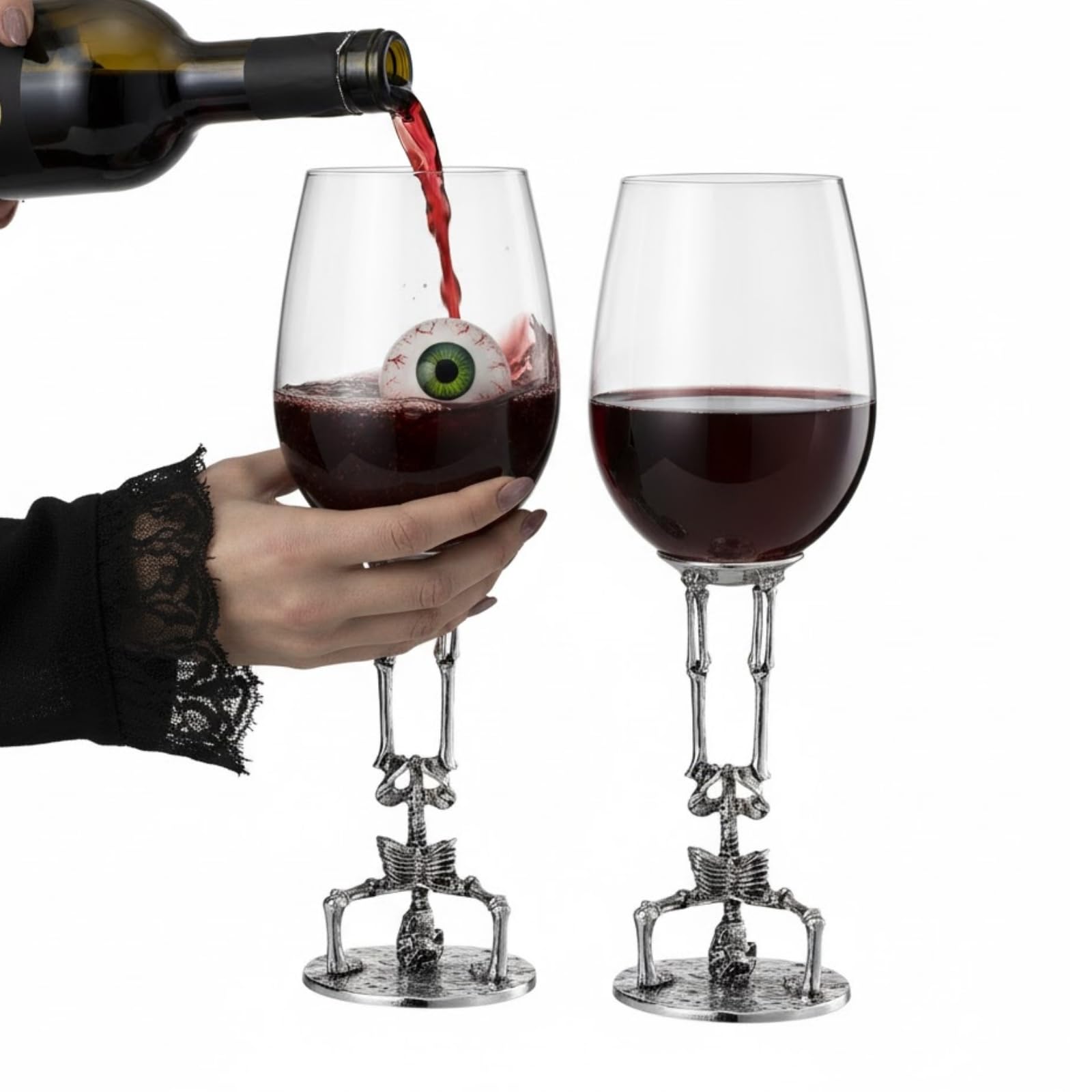 Skeleton Wine Glasses Set of 2 13oz – Gothic Skeletons Stem Goblets for Halloween Party
