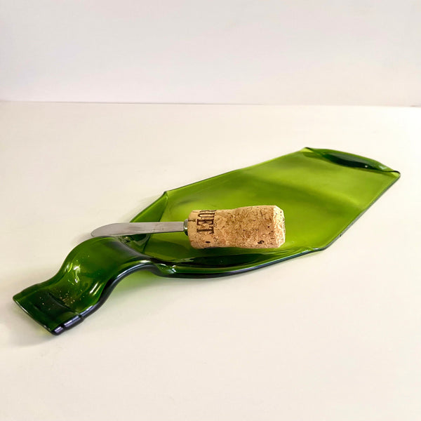 Green Melted Wine Bottle Cheese Plate with Cork Cheese Spreader Knife
