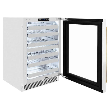 ZLINE 24" Touchstone Dual Zone 44 Bottle Wine Cooler White Matte Glass Door Polished Gold Handle RWDOZ-WM-24-G