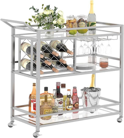 FATORRI Bar Cart Silver, Bar Carts for The Home, Home Bar Serving Carts for Liquor, Rolling Wine Cart with 3 Tier Mirrored Shelves on Wheels for Alcohol and Beverage (Silver)