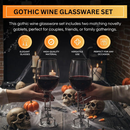Skeleton Wine Glasses Set of 2 13oz – Gothic Skeletons Stem Goblets for Halloween Party