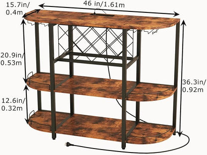 Wine Cabinet Bar Cart Table with Power Socket and LED Light, Three Tiers Coffee Bar Table Wine Rack Liqour Bar with Large Storage for Home Kitchen (Retro Brown)
