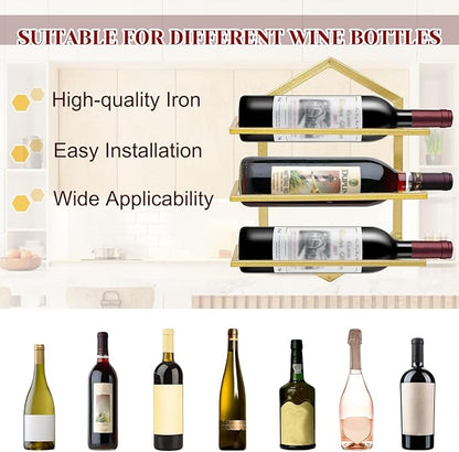 2Pcs Wall Mounted Wine Stemware Rack, Metal Hanging Wine Glass Display Holde Holds 3 Bottles, Elegant Storage for Kitchen Dining Room Bar Wine Cellar (Gold)