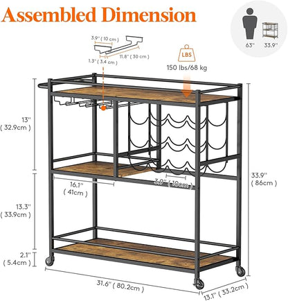 Lifewit Bar Cart for The Home, 3 Tier Drink Cart with Lockable Wheels, 12 Wine Rack and 3 Rows Glass Holders, Liquor Serving Cart for Kitchen Dining Livingroom, 31.6" x 13.1" x 33.9", Rustic Brown