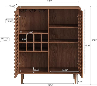Mid Century Bar Cabinet with Wine Racks, Modern Liquor Cabinet with Slatted Doors for Dining Room, Living Room (Walnut Color)