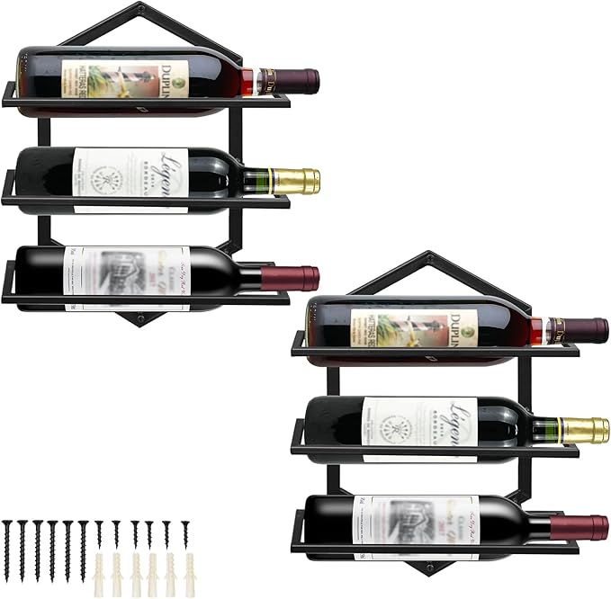 2Pcs Wall Mounted Wine Stemware Rack, Metal Hanging Wine Glass Display Holde Holds 3 Bottles, Elegant Storage for Kitchen Dining Room Bar Wine Cellar