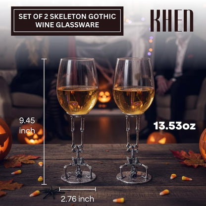 Skeleton Wine Glasses Set of 2 13oz – Gothic Skeletons Stem Goblets for Halloween Party