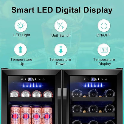 30 Inch Wine and Beverage Refrigerator, Upgrade Dual Zone Wine Cooler, 30'' Wine beverage Fridge Built in or Freestanding Under Counter Large Capacity Glass Door Advanced Cooling System,Black